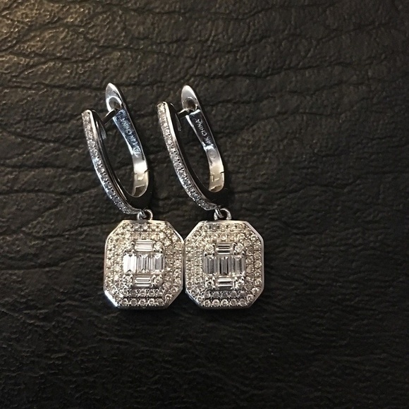 Solid 14K White Gold Genuine Diamond Drop Earrings - Picture 4 of 7